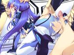  1girl 2boys aftersex blue_hair blush censored cum cum_on_body facial fellatio group_sex iizuki_tasuku kos-mos multiple_boys multiple_penises oral penis red_eyes spitroast threesome xenosaga 