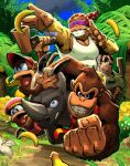  1girl 4boys banana bandana blonde_hair clenched_hand cranky_kong day diddy_kong dixie_kong donkey_kong_(series) donkey_kong_country flower food fruit furry furry_female furry_male grin hat highres multiple_boys necktie open_mouth outdoors pink_hat rambi red_bandana red_hat red_necktie rhinoceros sammytighe smile sunglasses tank_top teeth tree white_flower white_tank_top 