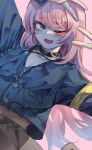  1girl absurdres bang_dream! bang_dream!_it&#039;s_mygo!!!!! black_choker blue_dress blush chihaya_anon choker commentary_request dress english_commentary grey_eyes highres korean_commentary long_hair mixed-language_commentary official_alternate_costume one_eye_closed patpang pink_background pink_hair simple_background skirt v 