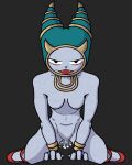 absurd_res anthro black_eyes black_nose bodily_fluids bracelet breasts canacrow clothing cum cum_in_vagina cum_inside disembodied_penis eyelashes fangs felid feline female footwear footwear_only front_view fur genital_fluids genitals green_clothing green_headwear grey_background grey_body grey_fur grey_nipples headgear headgear_only headwear headwear_only hi_res jewelry jewelry_only kneeling looking_at_viewer male male/female mammal mostly_nude navel necklace nine_sols nipples nude nuwa_(nine_sols) open_mouth penis red_candle_games red_clothing red_footwear red_shoes shoes shoes_only simple_background small_breasts solarian solo teeth thick_thighs vulva wide_hips