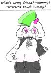 anthro belly blush bodily_fluids boobs?_wanna_touch_boobs? bottomwear bovid caprine choker clothed clothing deltarune english_text eyeshadow eyewear flowersunink glasses goat green_hair hair horn jewelry leather leather_bottomwear leather_clothing leather_pants leather_topwear leather_vest makeup male mammal meme mohawk necklace pants presenting_belly ralsei slightly_chubby slightly_chubby_male solo solo_focus sweat sweaty_face text topwear undertale_(series) vest white_body