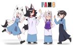  4girls absurdres animal_ears baju_kurung black_hair black_necktie black_shoes black_skirt blue_eyes blue_shirt blue_skirt blush closed_eyes dress fams_(group) fox_ears gradient_hair hair_ornament highres hololive long_hair long_skirt long_sleeves malaysian_clothes malaysian_secondary_school_uniform multicolored_hair multiple_girls nakiri_ayame necktie oni ookami_mio oozora_subaru open_mouth pinafore_dress purple_vest red_hair school_uniform shadow shirakami_fubuki shirt shoes sketchy_guy01 skirt sleeveless sleeveless_dress streaked_hair teeth vest white_hair 