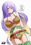  1girl alternate_costume arms_behind_back artist_name ass_visible_through_thighs bare_arms bare_shoulders bilingual_text blonde_hair blush bra breasts cleavage closed_mouth colored_inner_hair commentary cowboy_shot dutch_angle english_commentary english_text eyes_visible_through_hair food-themed_clothes frilled_thigh_strap from_below garter_belt gradient_eyes gradient_hair hair_between_eyes highres hololive hololive_indonesia kaiyen large_breasts long_hair looking_at_viewer midriff mixed-language_text moona_hoshinova multicolored_eyes multicolored_hair navel panties purple_eyes purple_hair shiny_skin simple_background solo speech_bubble starry_hair talking thigh_strap thighs two-tone_eyes two-tone_hair underwear underwear_only virtual_youtuber white_background yellow_eyes 
