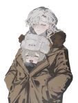  1boy 1girl avgust_(reverse:1999) brown_coat closed_eyes closed_mouth coat grey_hair hands_in_pockets hat highres open_mouth reverse:1999 shared_clothes shared_coat short_hair smile steam_from_mouth upper_body ushanka white_hair white_hat wilson_(wilson1151487) windsong_(reverse:1999) 