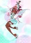 1girl aisha_(winx_club) alternate_costume aqua_background aqua_dress aqua_ring_(pokemon) aqua_sandals armpits arms_up bad_id bad_twitter_id bare_legs beads blue_bridal_gauntlets brown_hair bubble center_opening chocofish closed_mouth commentary covered_navel dark-skinned_female dark_skin dress eyeshadow fairy fairy_wings floating frilled_thigh_strap full_body gold_tiara grey_eyes hair_beads hair_ornament hairclip halftone halftone_background hand_on_own_wrist high_heel_sandals high_ponytail instagram_username light_rays lipstick long_hair magical_girl makeup multicolored_hair pink_background pink_bag pink_eyeshadow pink_hair pink_lips ponytail sandals see-through_clothes see-through_dress shell_bag short_dress smile solo sparkle streaked_hair thigh_strap tiara toes twitter_username two-tone_background two-tone_hair very_dark_skin very_long_hair waist_bag watermark wavy_hair wings winx_club 