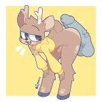 1:1 2024 anthro antlers artist_logo artist_name balls bent_over black_eyes border brown_body brown_fur butt clothing cropped_hoodie deer disembodied_penis erection eyebrows femboy fur fur_markings genitals grey_hooves grey_penis hands_on_knees hands_on_legs happy hi_res hoodie hooves horn hot_dogging humanoid_genitalia humanoid_penis logo male mammal markings multicolored_body multicolored_fur narrowed_eyes oakley_(aiyhav_nouneim) open_mouth penis penis_on_butt raised_eyebrows sex short_tail simple_background solo standing tail tan_body tan_fur text topwear tuft two_tone_body two_tone_fur vein veiny_penis white_border yellow_background yellow_clothing yellow_hoodie yellow_topwear zyneru