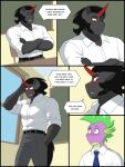 2_horns anthro belt bicorn black_hair blush chalkboard clothing colored dialogue dragon duo english_text equid equine eyes_closed friendship_is_magic green_eyes hair hasbro hi_res horn king_sombra_(mlp) male mammal my_little_pony mythological_creature mythological_equine mythological_scalie mythology necktie one_eye_closed red_eyes scalie school_uniform shaded shallowwin speech_bubble spike_(mlp) tail text unicorn uniform window