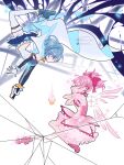  2girls armlet bad_id bad_twitter_id bare_legs bare_shoulders belt belt_buckle blood blue_belt blue_blood blue_boots blue_eyes blue_hair blue_shirt blue_skirt blue_sleeves boots bow bow_choker bubble_skirt buckle buttons cape center_frills chocofish choker closed_eyes commentary covering_own_mouth crack cross-laced_shoes darkness detached_sleeves detached_wings dissolving dress dripping energy_wings expressionless floating floating_cape floating_clothes floating_hair footwear_bow frilled_dress frilled_shirt frilled_skirt frilled_sleeves frills full_body gem gloves gold_buckle hair_bow hashtag-only_commentary high_heel_boots high_heels highres holding holding_sword holding_weapon impaled instagram_username interlocked_fingers jewelry kaname_madoka kneeling leaning_back light_particles long_sleeves looking_at_another magical_girl mahou_shoujo_madoka_magica mahou_shoujo_madoka_magica_(anime) miki_sayaka miniskirt multiple_girls no_socks outstretched_leg own_hands_together pink_bow pink_choker pink_dress pink_gemstone pink_hair pink_shoes pink_wings pleated_skirt puffy_short_sleeves puffy_sleeves pumps shirt shoes short_dress short_hair short_sleeves short_twintails skirt skirt_under_dress soul_gem sparkle strapless strapless_shirt sword tareme thigh_belt thigh_strap thighhighs twintails twitter_username two-tone_shirt upside-down watermark weapon white_background white_cape white_gloves white_shirt white_skirt white_thighhighs wings 