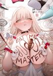  1girl apron blonde_hair blush breasts breasts_squeezed_together chocolate chocolate_on_body chocolate_on_breasts chocolate_syrup cream earrings food food_between_breasts food_on_body food_on_breasts food_writing frilled_apron frills green_eyes highres huge_breasts jewelry lady_(zasshu) large_breasts looking_at_viewer mole mole_under_mouth open_mouth original whipped_cream white_apron zasshu 