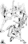  1other absurdres armor bandages dynamic_pose elden_ring elden_ring_nightreign extra_arms full_armor full_body greyscale helmet heolstor_the_nightlord highres leg_up matata1203 monochrome skates skating solo_focus spiked_helmet 