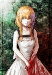  1girl apron blonde_hair blood blood_on_clothes blood_on_face blood_splatter bloody_handprints body_switch braid breasts collarbone commentary dress ellen_(majo_no_ie) eyelashes green_eyes handprint highres long_hair looking_to_the_side majo_no_ie own_hands_together personality_switch sidelighting smile solo twin_braids upper_body user_mhtg3322 viola_(majo_no_ie) yellow_eyes 