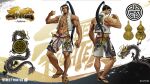  1boy abs absurdres biceps character_name copyright_name dragon dragon_print eastern_dragon flip-flops gourd highres jamie_siu jewelry male_swimwear muscular muscular_male necklace official_alternate_costume official_art open_clothes open_vest ponytail reference_sheet sandals solo standing street_fighter street_fighter_6 swim_trunks vest 