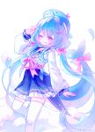  1girl absurdres ahoge artist_name bandaid bandaid_on_knee bandaid_on_leg bandaid_on_tail black_skirt blue_hair blue_hat blue_sailor_collar blush bow bowtie cetacean_tail chinese_commentary closed_mouth commentary_request crossed_bandaids fins fish_hair_ornament fish_tail frilled_skirt frills hair_bow hair_ornament hat highres long_hair long_sleeves looking_at_viewer low_twintails mibai_yume one_eye_closed original pink_bow pink_bowtie red_eyes sailor_collar salute shirt shirt_tucked_in skirt solo standing standing_on_one_leg tail tail_bow tail_ornament thighhighs tongue tongue_out twintails two-finger_salute very_long_hair whale_girl whale_hat white_background white_shirt white_thighhighs 