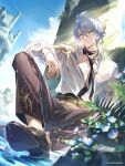  1boy absurdres antenna_hair armlet black_necktie black_shoes blue_eyes blue_sky brown_pants collared_shirt commentary_request company_name highres honkai:_star_rail honkai_(series) jewelry looking_to_the_side male_focus neck_tattoo necktie official_alternate_costume official_art pants partially_unbuttoned pectoral_cleavage pectorals phainon_(anan)_(honkai:_star_rail) phainon_(honkai:_star_rail) see-through_clothes see-through_shirt shirt shirt_tucked_in shoes short_hair sitting sky solo sun_symbol sun_tattoo sunlight tattoo wet wet_clothes wet_pants wet_shirt white_hair white_shirt 