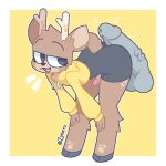 1:1 2024 anthro antlers artist_name balls bent_over black_clothing black_eyes border brown_body brown_fur butt clothed clothing cropped_hoodie deer disembodied_penis erection eyebrows femboy fur fur_markings genitals grey_hooves grey_penis hands_on_knees hands_on_legs happy hi_res hoodie hooves horn hot_dogging humanoid_genitalia humanoid_penis male mammal markings multicolored_body multicolored_fur narrowed_eyes oakley_(aiyhav_nouneim) open_mouth penis penis_on_butt raised_eyebrows sex short_tail simple_background solo standing tail tan_body tan_fur text topwear tuft two_tone_body two_tone_fur vein veiny_penis white_border yellow_background yellow_clothing yellow_hoodie yellow_topwear zyneru