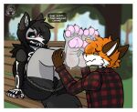 4_toes alternative_fashion ankle_grab anthro arctic_wolf arm_warmers armwear bench big_butt black_body black_claws black_fur black_hair blush bodily_fluids bottomwear butt canid canine canis claws clothing collar crop_top dare_spiritmoon darefloofy digital_drawing_(artwork) digital_media_(artwork) duo english_text eyeliner eyeshadow face_mask feet feet_in_air foot_fetish foot_focus foot_on_face foot_sniffing fox fur goth grass green_eyes grey_body grey_fur hair hoodie hotpants leg_grab legs_up makeup male male/male mammal mask musky_feet muzzle_mask onomatopoeia park pawpads paws pink_pawpads plant shaded shirt shorts sitting sleeveless_hoodie smelly smelly_feet sniffing soles sound_effects spiked_collar spikes sweat sweaty_feet tail text toes topwear tree wolf zuivel_the_fox