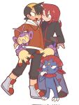 2boys ambipom backwards_hat baseball_cap black_eyes black_gloves black_hair black_pants corrupted_twitter_file denim ethan_(pokemon) fang gloves hat highres hood hood_down hoodie jeans long_sleeves looking_at_another male_focus multiple_boys one_eye_closed open_mouth pants pokemon pokemon_(creature) pokemon_hgss red_hair red_hoodie shoes short_hair silver_(pokemon) sneakers sofo_soup weavile zipper_pull_tab 