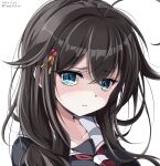  1girl black_serafuku black_shirt blue_eyes commentary_request dated hair_down hair_flaps hair_over_shoulder kantai_collection looking_at_viewer neckerchief red_neckerchief sailor_collar school_uniform serafuku shigure_(kancolle) shigure_kai_ni_(kancolle) shirt simple_background smile solo toms twitter_username upper_body white_background white_sailor_collar 