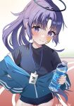  1girl artist_name blue_archive blue_buruma blue_jacket blue_shirt blush bottle buruma choppy_bangs closed_mouth contrapposto cowboy_shot english_text hair_intakes halo hand_on_own_hip highres holding holding_bottle jacket lanyard long_hair looking_at_viewer mechanical_halo outdoors parted_bangs partially_unzipped ponytail purple_eyes purple_hair red_pupils running_track shirt sidelocks smile solo split_mouth star_sticker sticker_on_face sweat t-shirt track_jacket water_bottle xiaoyu_(hyh224488) yuuka_(blue_archive) yuuka_(track)_(blue_archive) 
