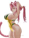  1girl adjusting_hair animal_ears armpits artist_name blush breasts commentary covered_navel english_commentary green_one-piece_swimsuit hair_intakes hololive hololive_english huge_breasts kosmi_chan long_hair multicolored_hair one-piece_swimsuit panther_ears panther_girl panther_tail pink_hair pink_lips raora_panthera shiny_skin simple_background smile solo streaked_hair swimsuit tail thighs two-tone_one-piece_swimsuit virtual_youtuber white_background yellow_eyes yellow_one-piece_swimsuit 