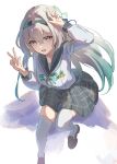  1girl absurdres blue_ribbon brown_shoes buttons checkered_clothes checkered_skirt double-breasted firefly_(honkai:_star_rail) firefly_(spring_missive)_(honkai:_star_rail) gradient_hair grey_hair grey_sailor_collar grey_skirt hair_between_eyes hair_intakes hair_ornament hair_ribbon hand_on_own_head highres honkai:_star_rail honkai_(series) long_hair long_sleeves multicolored_eyes multicolored_hair nemui_jinrui open_mouth pleated_skirt ribbon sailor_collar shoes simple_background skirt smile solo thighhighs two-tone_eyes v white_background white_sleeves white_thighhighs 
