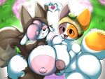 2025 4_fingers anthro areola asymmetrical_breast_frottage big_areola big_breasts big_butt big_nipples black_eyes bovid breast_size_difference breast_squish breast_to_breast breasts breasts_frottage brown_clothing butt calico_cat calico_pattern caprine cheezborger_(chikn_nuggit) chikn_nuggit claws clothed clothing cofi_(chikn_nuggit) colored costume curly_hair day digital_drawing_(artwork) digital_media_(artwork) domestic_cat duo english_description eyebrows eyeshadow fangs felid feline felis female female/female fingers flower flower_bushes fluffy fluffy_tail fur furry_wearing_fursuit fursuit gesture grey_areola grey_body grey_fur grey_markings hair hair_over_eye hand_holding hat hat_only headgear headgear_only headwear headwear_only heart_gesture heart_symbol hi_res high-angle_view huge_breasts huge_butt light long_tail looking_at_viewer looking_up looking_up_at_viewer makeup mammal markings mostly_nude mottled multicolored_body multicolored_clothing ner0_kobold nipples open_mouth orange_body orange_fur orange_markings outside partially_clothed piebald pink_areola pink_body pink_eyeshadow pink_fur pink_hair pink_nose pink_pupils pink_wool plant pupils shaded sheep shrub signature smile squish sunlight tail teeth thick_thighs tongue torn_clothing torn_costume two_tone_body two_tone_clothing watermark white_body white_fur wide_hips wolf_costume wool_(fur) wool_hair