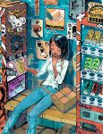  1girl absurdres ahoge artist_name bag bench black_hair blue_pants blush breasts breath brick_floor can canned_coffee closed_eyes collared_shirt commentary dark-skinned_female dark_skin dated denim drink_can english_commentary english_text eudetenis feet_out_of_frame hand_up highres holding holding_can jeans leaning_back medium_breasts medium_hair open_mouth original outstretched_arm pants parted_bangs poster_(object) raised_inner_eyebrows shirt shirt_tucked_in shoulder_bag sidelocks sign sitting solo spread_fingers stone_wall teeth three-quarter_sleeves upper_teeth_only vending_machine white_shirt wooden_bench yawning 