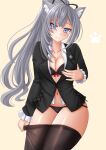  1girl animal_ear_fluff animal_ears black_bra black_jacket black_panties black_pantyhose black_ribbon bow bow_bra bra breasts brown_background cleavage closed_mouth clothes_pull collarbone collared_shirt commentary dress_shirt frilled_sleeves frills grey_eyes grey_hair hair_ribbon highres hololive hololive_indonesia jacket kazenokaze kemonomimi_mode long_hair long_sleeves looking_at_viewer medium_breasts navel no_pants open_clothes open_shirt panties pantyhose pantyhose_pull ponytail ribbon shirt simple_background smile solo underwear very_long_hair vestia_zeta virtual_youtuber white_shirt 