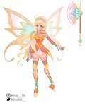  1girl alternate_costume aqua_choker armor axe bad_id bad_twitter_id bare_shoulders battle_axe blonde_hair blue_eyeshadow bracelet breastplate breasts chocofish choker cleavage cleavage_cutout closed_mouth clothing_cutout commentary covered_collarbone crossed_ankles detached_sleeves dress english_commentary expressionless eyelashes eyeshadow fairy fairy_wings flower_skirt food fruit full_body halter_dress halterneck high_heels high_ponytail highres huge_weapon instagram_username jewelry knee_pads light_frown light_particles lipstick long_hair long_sleeves looking_at_viewer magical_girl makeup miniskirt orange_(fruit) orange_dress orange_eyes orange_slice orange_thighhighs orange_wings outstretched_arm pauldrons pink_lips pink_skirt ponytail reference_sheet shoes short_dress shoulder_armor simple_background single_bare_shoulder single_pauldron skirt skirt_under_dress solo sparkle standing stella_(winx_club) swept_bangs tan thighhighs tiara twitter_username very_long_hair watermark weapon white_background wings winx_club yellow_shoes zettai_ryouiki 