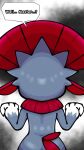 ambiguous_gender anthro black_background canacrow dialogue fur generation_4_pokemon gloves_(marking) grey_body grey_fur hi_res markings nintendo pokemon pokemon_(species) rear_view simple_background solo speech_bubble text weavile white_background white_body white_fur wide_hips