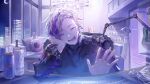 1boy :d ^_^ black_jacket black_shirt bottle building can chair chandelier closed_eyes computer_keyboard couch crescent_moon cushion desk_microphone drink_can ear_piercing earrings energy_drink facing_viewer fuwa_minato guitar hair_behind_ear hair_ornament hairclip head_on_hand head_rest highres indoors instrument jacket jewelry long_sleeves male_focus microphone monster_energy moon multicolored_hair night nijisanji open_clothes open_jacket piercing pink_hair pppupa purple_hair purple_theme red_bull shirt short_hair sitting sky skyscraper smile solo star_(sky) starry_sky streaked_hair swept_bangs triangle_earrings turtleneck turtleneck_shirt unworn_eyewear upper_body virtual_youtuber waving white_hair wind_chime window wine_bottle wine_rack 