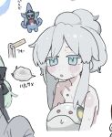  1girl blue_eyes blush colored_eyelashes deux_murasame freckles grey_hair gundam gundam_gquuuuuux hair_bun haro kunoichi_kazuhito_(kuno_kazu) nude pale_skin simple_background sweat upper_body white_background 