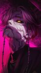  1boy absurdres black_hanbok colored_skin compression_shirt demon_boy facial_tattoo gat_(hat) gatkkeun hair_over_one_eye hanbok hat highres korean_clothes korean_traditional_hat kpop_demon_hunters looking_at_viewer male_focus merururuu mystery_(kpop_demon_hunter) neck_tattoo orange_pupils parted_bangs pink_background pink_hair purple_skin short_hair slit_pupils solo tattoo upper_body yellow_eyes 