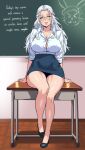  1girl alternate_costume bare_legs blue_eyes braid breasts button_gap chalkboard classroom cleavage desk doodled_object english_text final_fantasy final_fantasy_xiv glasses green_eyes half_up_braid half_updo high_heels jamjamstyle large_breasts lips long_hair looking_at_viewer loporrit miniskirt on_desk pumps school_desk shirt sitting skirt smile solo teacher thick_thighs thighs venat_(ff14) wavy_hair white_hair white_shirt 