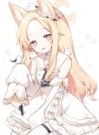  1girl animal_ear_fluff animal_ears bare_shoulders bird blonde_hair blue_archive blue_necktie blush bow collared_dress commentary cross_halo detached_sleeves dress ear_wreath flower_wreath fox_ears fox_girl halo hand_up kokoshira_0510 long-tailed_tit long_hair looking_at_viewer necktie open_mouth seia_(blue_archive) short_necktie simple_background sleeve_bow sleeveless sleeveless_dress sleeves_past_fingers sleeves_past_wrists smile solo tit_(bird) upper_body white_background white_bow white_dress white_sleeves yellow_bow yellow_eyes yellow_halo 