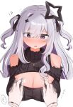  1girl ? ?? amane_konata black_ribbon black_sweater blush breasts cleavage cleavage_cutout clothing_cutout colored_inner_hair grey_hair hair_ribbon halo highres hololive joy-con large_breasts long_hair mikura_no_e multicolored_hair open_mouth purple_eyes purple_hair ribbon smile solo star_halo sweater turtleneck turtleneck_sweater twintails very_long_hair virgin_killer_sweater virtual_youtuber 