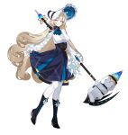  1girl :d alpha_transparency ascot black_boots blonde_hair blue_ascot blue_ribbon blue_skirt blunt_bangs bonnet boots breasts center_frills counter:side curled_ends english_commentary frilled_sleeves frills full_body gloves green_eyes hammer high_heel_boots high_heels highres holding holding_hammer holding_weapon lace-up_boots large_breasts leg_up long_hair long_sleeves looking_at_viewer medea_davis neck_ribbon official_art pantyhose pinstripe_pattern pleated_skirt ribbon shirt simple_background skirt skirt_hold smile solo standing tachi-e transparent_background underbust very_long_hair weapon white_bonnet white_gloves white_pantyhose white_shirt 