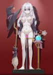  1girl absurdres black_jacket blue_eyes braid breasts broom censored dildo elaina_(majo_no_tabitabi) empty_eyes expressionless flask full_body hat highres jacket large_breasts leg_ribbon long_hair majo_no_tabitabi mosaic_censoring nipple_piercing nipple_rings nipples nude object_insertion off_shoulder one_bar_prison parted_lips personality_excrement piercing ribbon sex_toy side_braid solo spiked_dildo spoken_squiggle squiggle standing thigh_ribbon unworn_hat unworn_headwear vaginal vaginal_object_insertion white_hair witch_hat yakou_(4507770) 