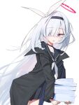 1girl black_choker black_hairband black_jacket black_serafuku blue_archive choker grey_hair hair_over_one_eye hairband halo highres jacket kiyoung_park neckerchief one_eye_covered plana_(blue_archive) purple_eyes red_halo school_uniform serafuku simple_background solo white_background white_neckerchief 