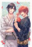  2boys :d aerial_fireworks aqua_background black_hair blue_eyes blue_kimono border cowboy_shot crossed_arms fang fireworks fish floral_print folded_fan folding_fan goldfish grey_sash hair_between_eyes hand_fan highres holding ichinose_tokiya imai_miu ittoki_otoya japanese_clothes kimono looking_at_viewer looking_to_the_side male_focus morning_glory_print multiple_boys outside_border paper_fan parted_lips red_eyes red_hair ripples sash short_hair signature smile standing striped_clothes striped_kimono sunflower_print swept_bangs teeth uchiwa uta_no_prince-sama water_yoyo white_border white_kimono yellow_sash yukata 