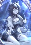  1girl absurdres animal_ear_fluff animal_ears aqua_dress arm_between_legs bare_shoulders black_hair breasts cat_ears cat_tail cleavage clothing_cutout commentary_request critter_pick_(honkai:_star_rail) detached_collar dress feet_out_of_frame gloves green_eyes hair_between_eyes hair_intakes hair_ornament harutaro_5d highres honkai:_star_rail honkai_(series) jewelry kemonomimi_mode large_breasts long_hair looking_at_viewer mirror necklace open_mouth paw_pose pearl_necklace reflection reflection_focus ruan_mei_(honkai:_star_rail) shoulder_cutout sitting sky solo star_(sky) starry_sky tail test_tube thigh_strap trailblazer_(honkai:_star_rail) trailblazer_(trash_cake)_(honkai:_star_rail) very_long_hair wariza 