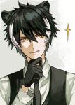  1boy :q absurdres animal_ears black_gloves black_hair black_necktie black_vest collared_shirt facing_viewer gloves hair_between_eyes hand_on_own_chin highres holostars jackal_boy jackal_ears kageyama_shien kqgjh male_focus multicolored_hair necktie shirt short_hair sideways_glance simple_background solo sparkle tongue tongue_out two-tone_hair upper_body vest virtual_youtuber white_background white_hair white_shirt yellow_eyes 