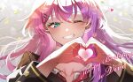  1girl absurdres black_jacket blue_eyes collarbone earrings eyelashes facial_mark falling_leaves hair_ornament hairpin happy_birthday heart heart_hands highres indie_virtual_youtuber jacket jewelry leaf long_hair necktie one_eye_closed pink_hair purple_hair red_necktie shirt smile solo star_(symbol) star_facial_mark sui_hi_sf uchoten_vivi upper_body virtual_youtuber white_shirt 