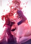  2girls artist_name ass bang_dacy blonde_hair bra bra_pull breast_sucking breasts brown_hair clothes_pull diana_cavendish heart jacket jewelry kagari_atsuko little_witch_academia long_hair medium_breasts multiple_girls nipples on_bed ponytail ring simple_background sweat thighhighs tribadism underwear wedding_ring white_background wife_and_wife yuri 