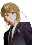  1boy alternate_costume black_jacket black_necktie blonde_hair collared_shirt commentary earrings formal_clothes highres hunter_x_hunter jacket jewelry kurapika lapels looking_down male_focus necktie notched_lapels parted_lips piercing red_eyes sgossho shirt single_earring solo sparkle suit_jacket teeth triangle upper_body white_background white_shirt wing_collar 