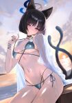  1girl absurdres animal_ears bare_shoulders bikini black_bikini black_eyes black_hair blue_archive blue_bikini breasts cat_ears cat_tail choker cleavage eyeliner flower halo highres kikyou_(blue_archive) kikyou_(swimsuit)_(blue_archive) layered_bikini looking_at_viewer makeup medium_breasts multiple_tails navel noa_(skae3323) parted_bangs short_hair side-tie_bikini_bottom smile solo swimsuit tail thighs towel towel_around_neck two_tails wet 