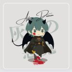  1boy :| black_boots black_cape blood blood_on_face blood_on_ground blood_on_weapon blush_stickers boots border cape closed_mouth commentary_request demon_horns demon_tail demon_wings diamond-shaped_pupils diamond_(shape) double-parted_bangs empty_eyes english_commentary english_text expressionless fire_emblem fire_emblem:_three_houses full_body green_eyes green_hair grey_background highres holding holding_sword holding_weapon horns looking_ahead male_byleth_(fire_emblem) male_focus mixed-language_commentary multilingual_commentary rhea_season short_hair solo standing staring sword symbol-shaped_pupils tail weapon wings 