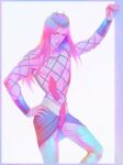  1boy arm_up belt blue_skirt commentary cowboy_shot fishnet_thighhighs fishnet_top fishnets hand_on_own_hip hat highres horned_hat jojo_no_kimyou_na_bouken long_hair looking_at_viewer male_focus miniskirt narciso_anasui pink_hair prof_pega purple_hat skirt solo stone_ocean thighhighs white_belt white_thighhighs wristband 
