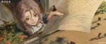  1girl :d absurdres arm_up balcony blue_dress brick_floor copyright_name copyright_notice dress flower from_above from_outside full_body grey_eyes grey_hair hand_up highres holding holding_paper letter logo long_hair looking_at_viewer looking_up official_art outstretched_arm paper people red_flower reverse:1999 sentinel_(reverse:1999) smile solo teeth upper_teeth_only 