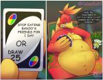 after_vore anthro avian banjo-kazooie bird bottles_(banjo-kazooie) breegull cabezilla clothed clothing digestion digestion_implied digestion_noises english_text eyes feathers female green hi_res kazooie meme meta microsoft mocking overweight pantsless rareware red_body red_feathers rude rumbling_stomach sassy solo speech_bubble text uno vore weight_gain xbox_game_studios